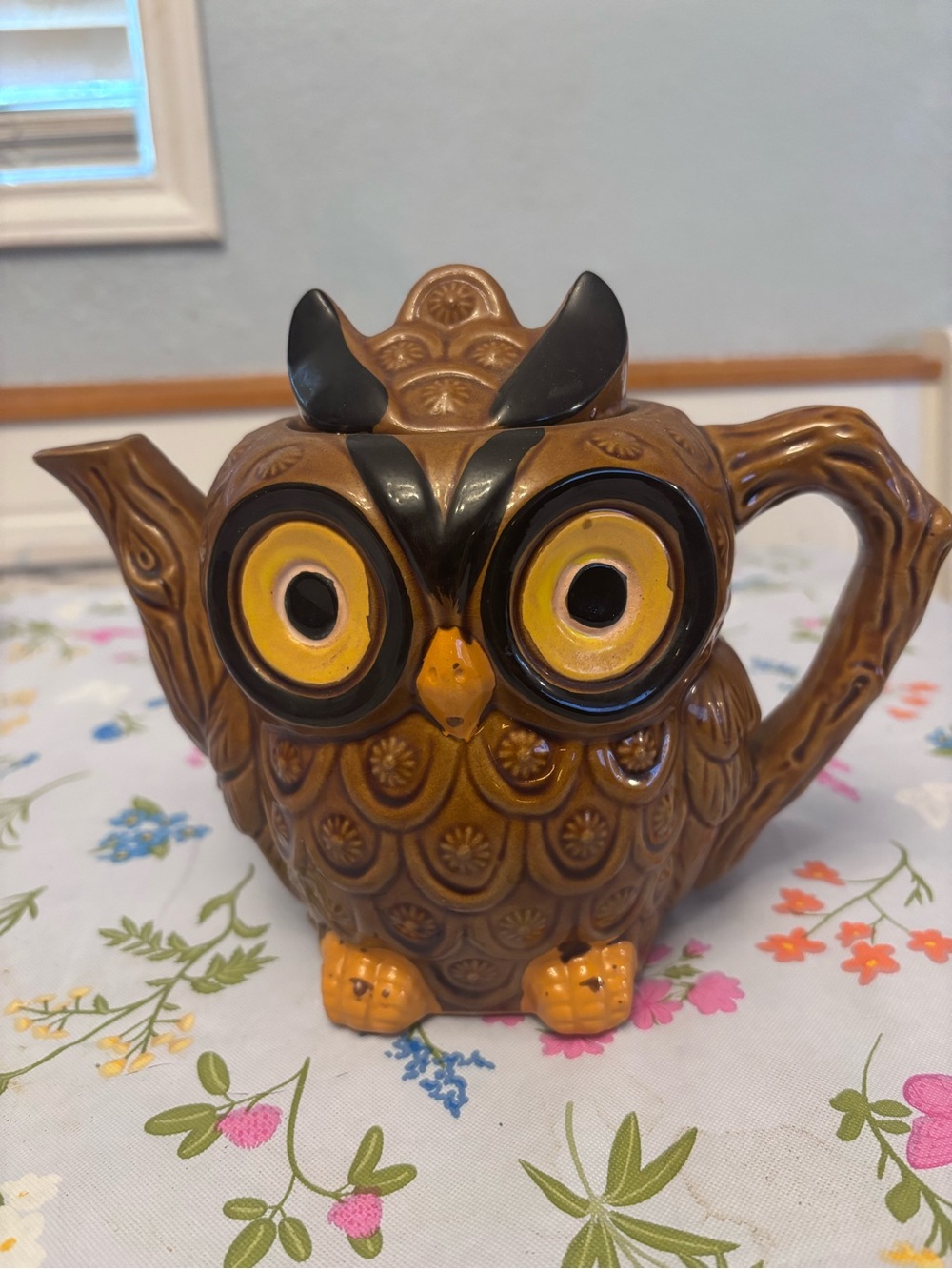 Vintage 1960s Ceramic Owl Teapot Tree Branch Handle Boho